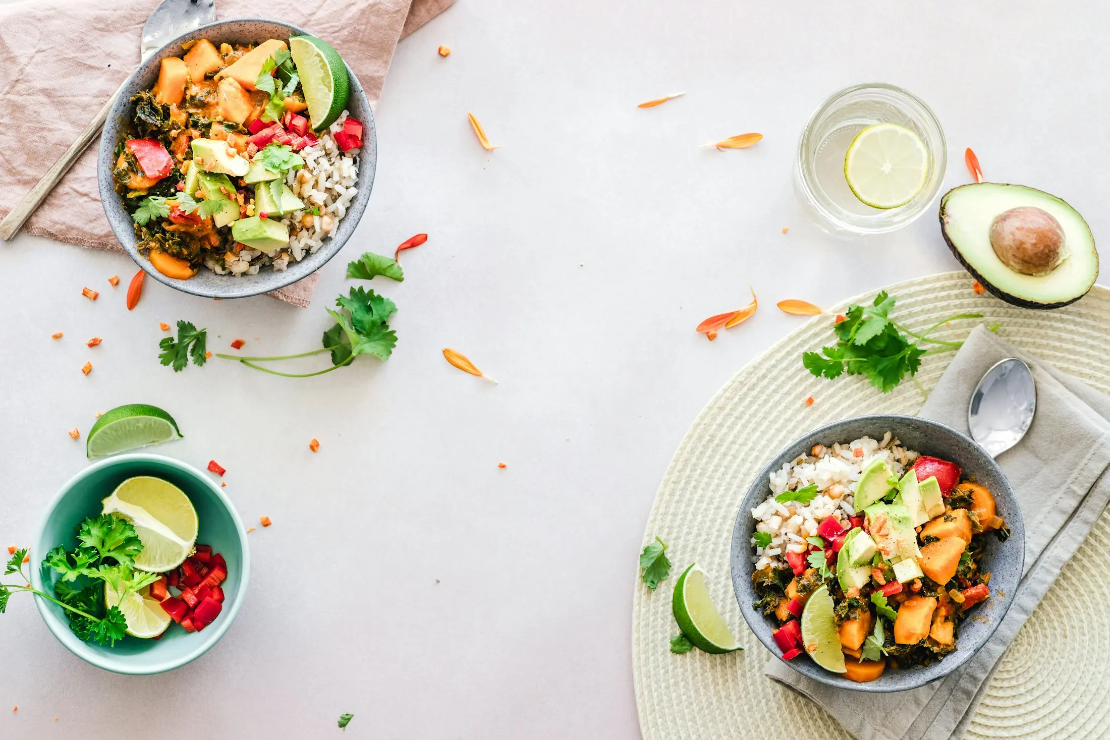 A plant-forward meal laid out on a linen-covered table